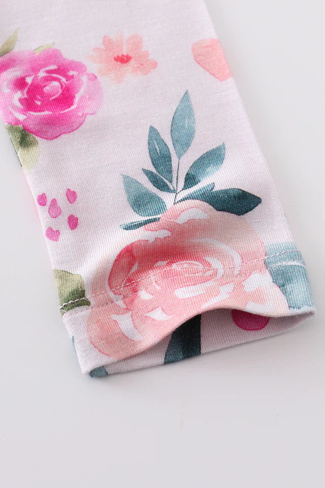 Pink floral print bamboo girl bubble romper