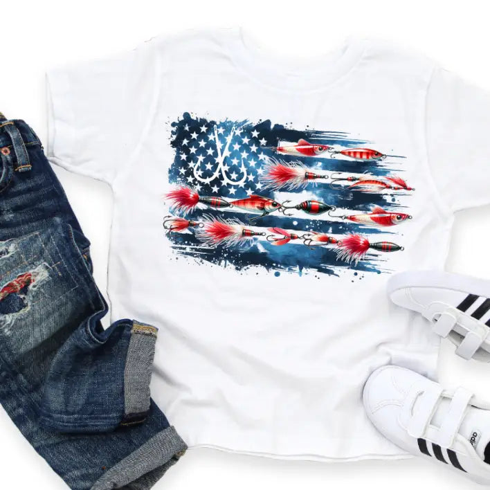 American Flag Fishing Lures Kids Youth Summer Tee Shirt
