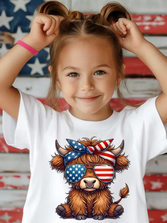 4th of July Highland Heifer Girls Tee Shirt, USA America