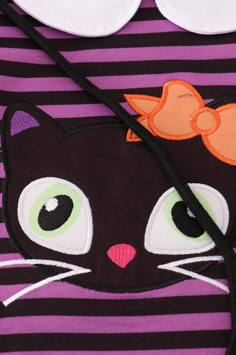 Purple halloween cat stripe dress with purse set
