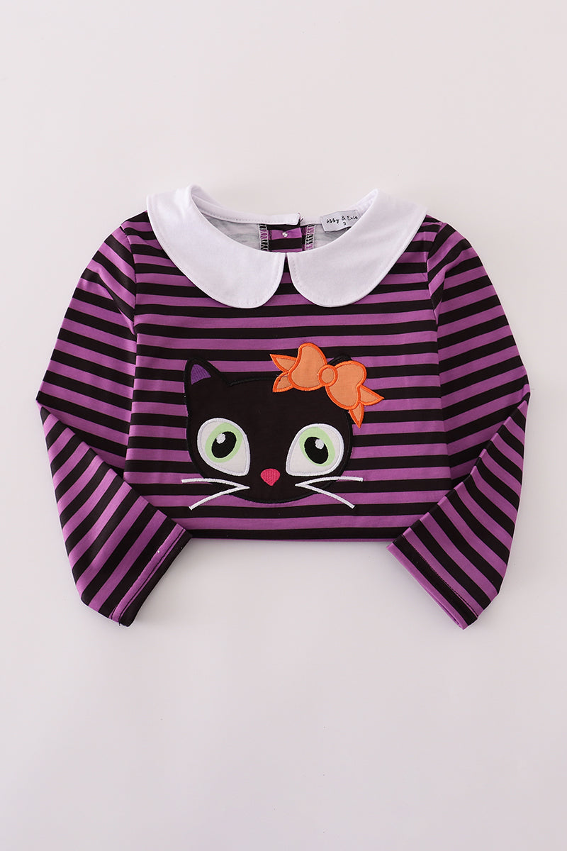 Purple halloween cat stripe dress with purse set