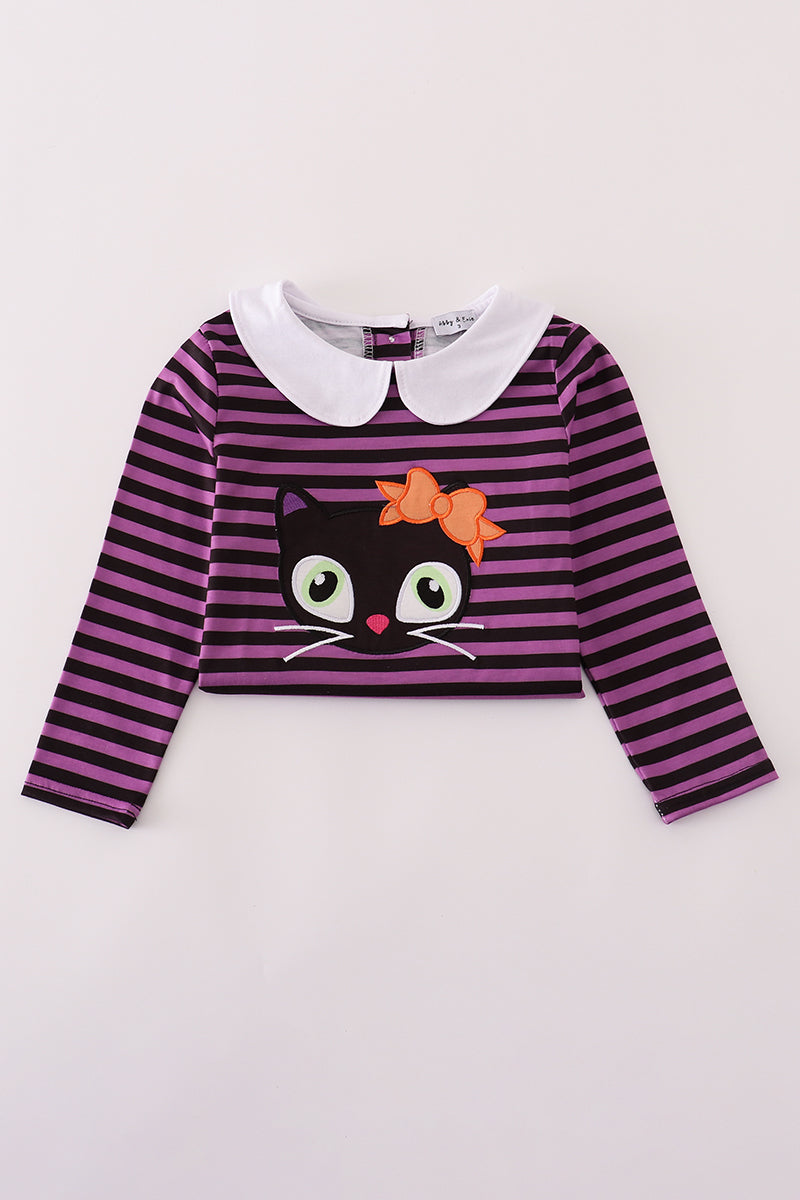 Purple halloween cat stripe dress with purse set