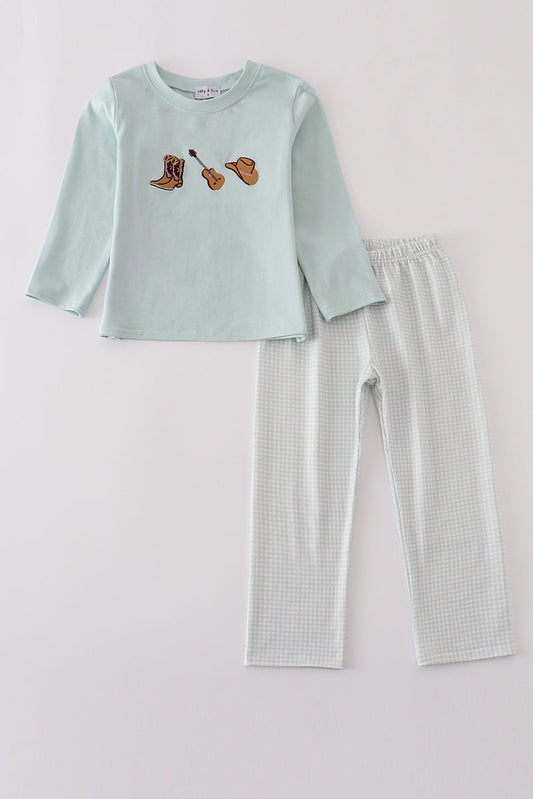 Blue boots embroidery pants set