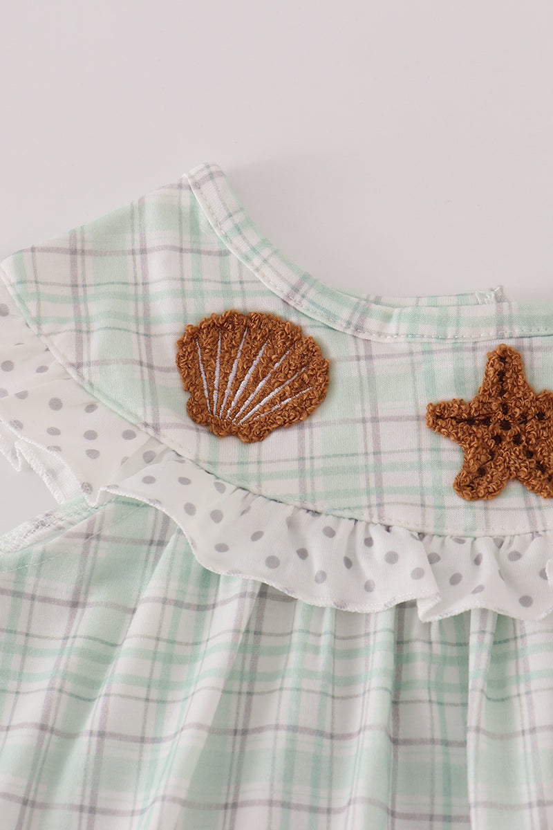 Green plaid sea shell starfish french knot ruffle dress