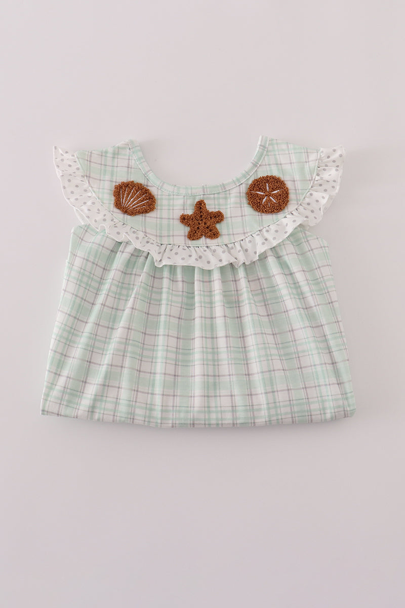 Green plaid sea shell starfish french knot ruffle dress