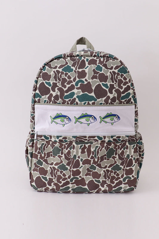 Camouflage fish embroidery canvas backpack