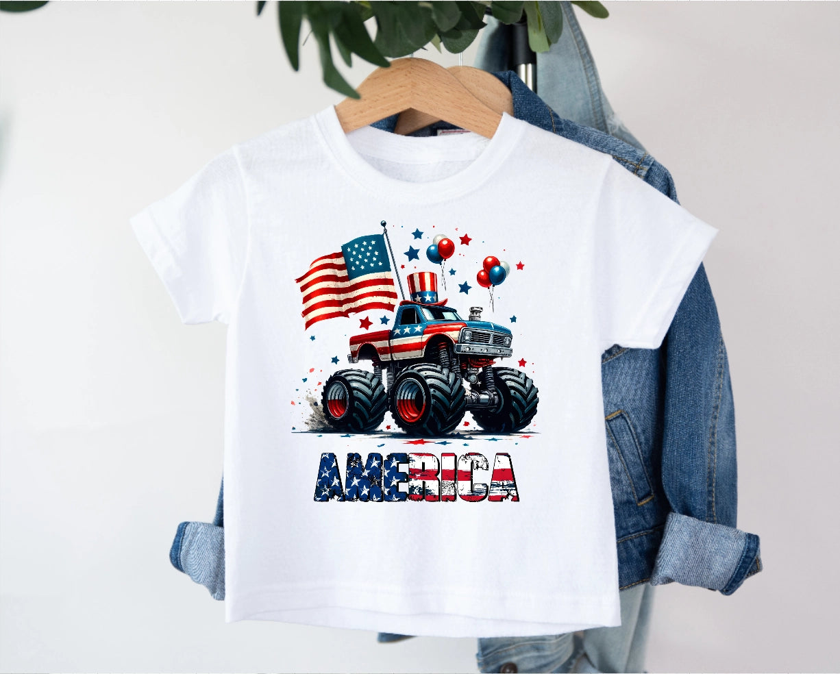 America 4th of July Monster Truck Boys Tee Shirt