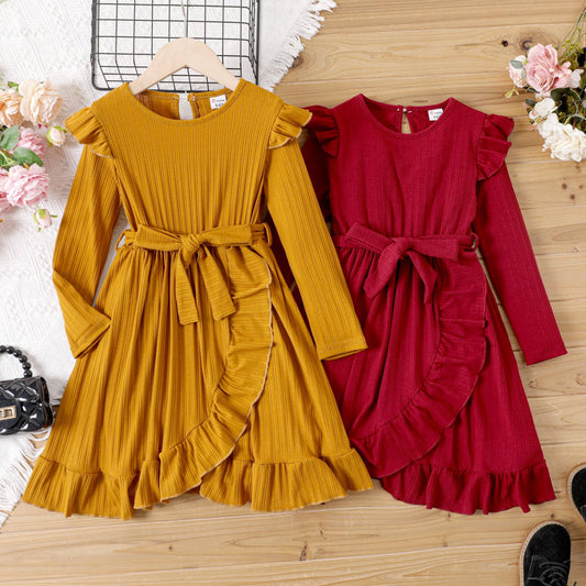 Kid Girl Rib-knit Belted Long Sleeve Dress