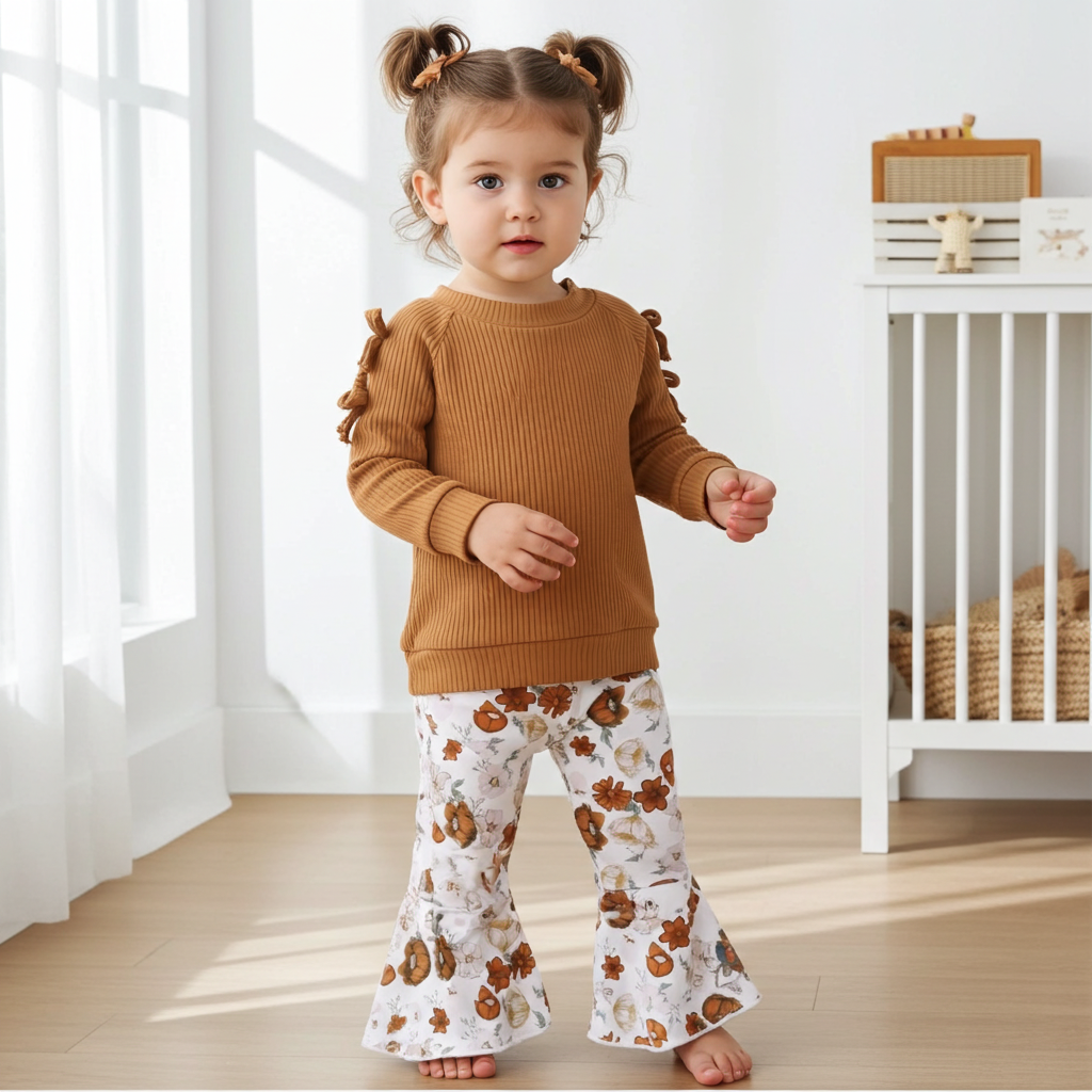 2pcs Solid Long sleeve Top and Floral Pants Set