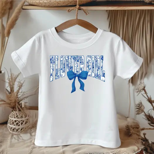 Flower Girl Toile Blue Tee Shirt, Wedding Party Girls Shirt