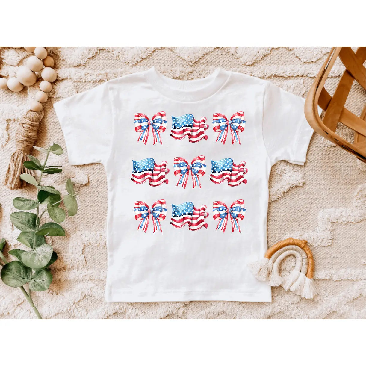 4th of July Coquette Bows and Flags Girls Tee Shirt, America