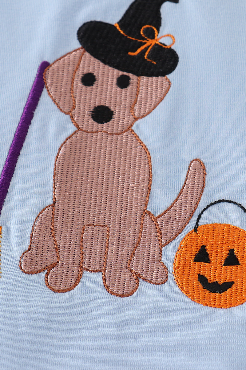 Blue halloween witch dog embroidery girl set