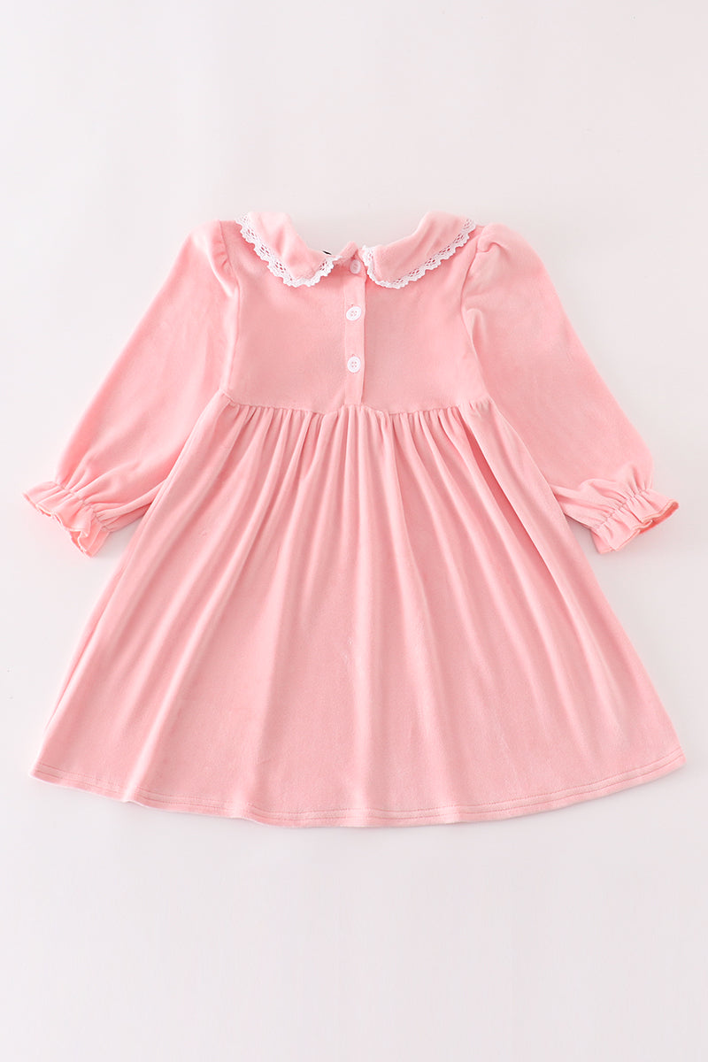 Pink velvet pumpkin embroidery dress