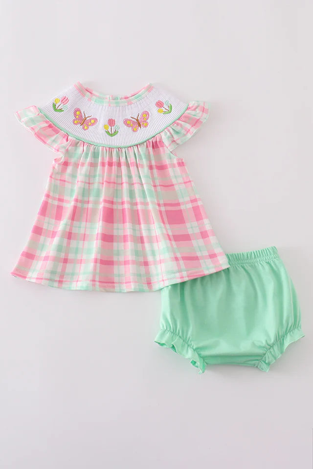 Pink floral butterfly embroidery smocked plaid bloomer set