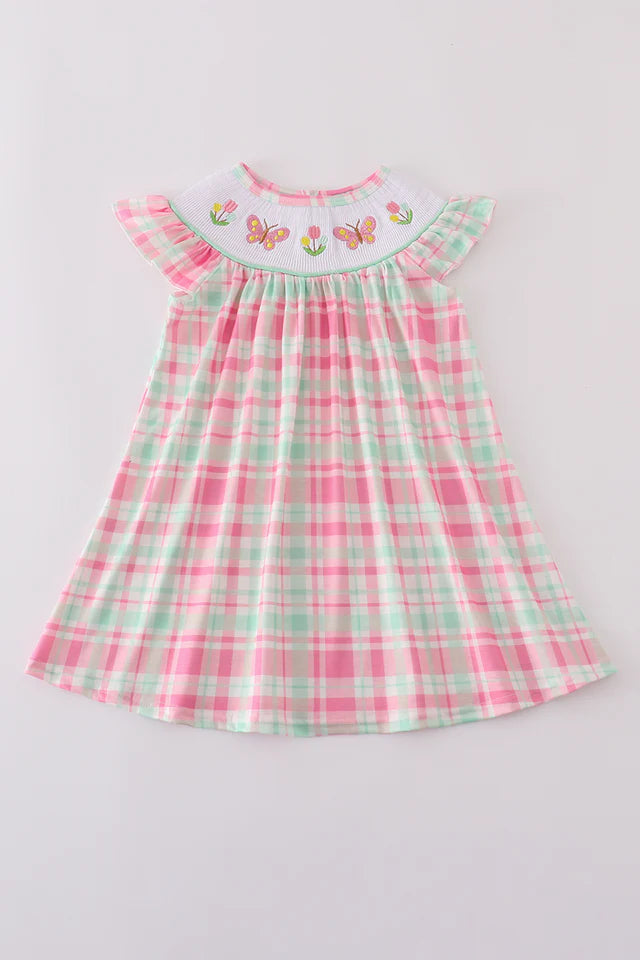 Pink floal butterfly embroidery smocked plaid dress