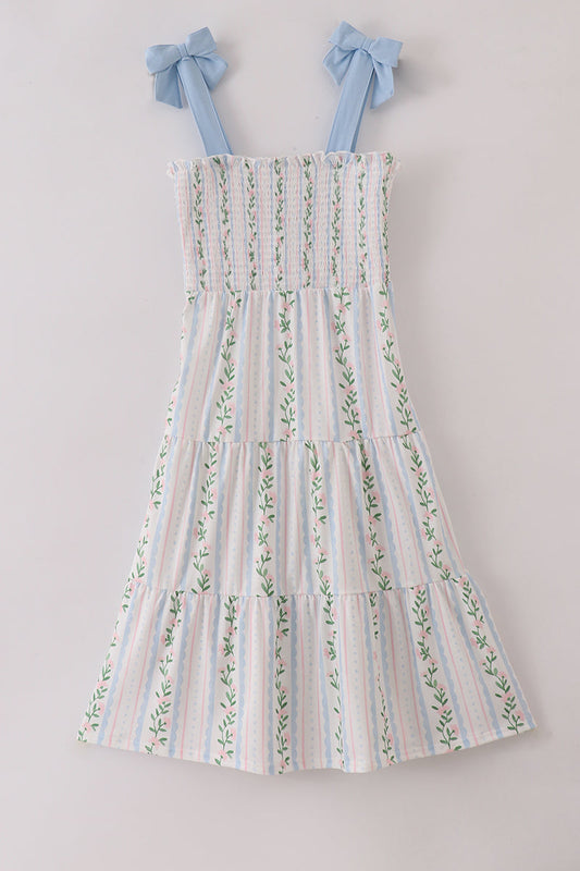 Blue floral print smocked women dress