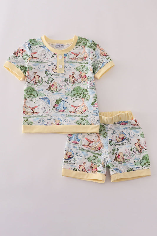Yellow character print shorts set