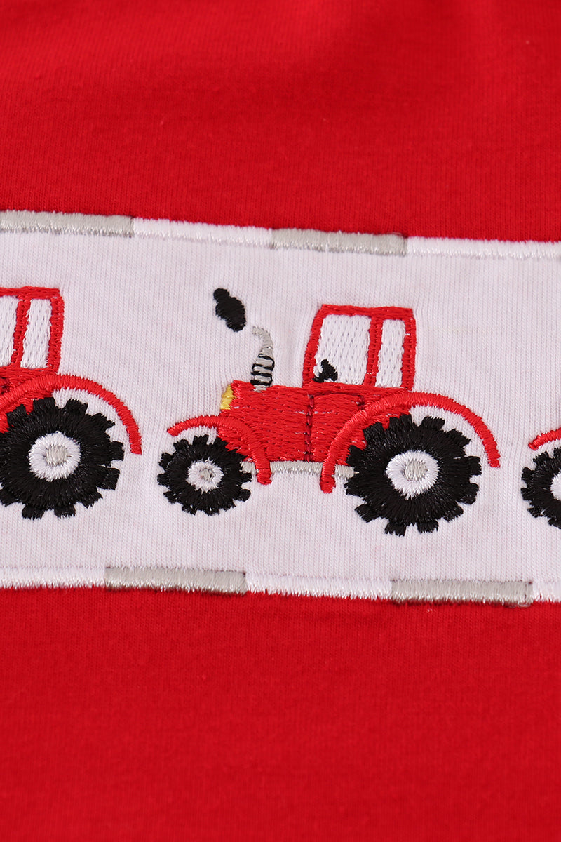 Red tractor embroidery shorts set