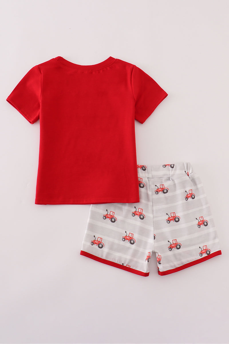 Red tractor embroidery shorts set