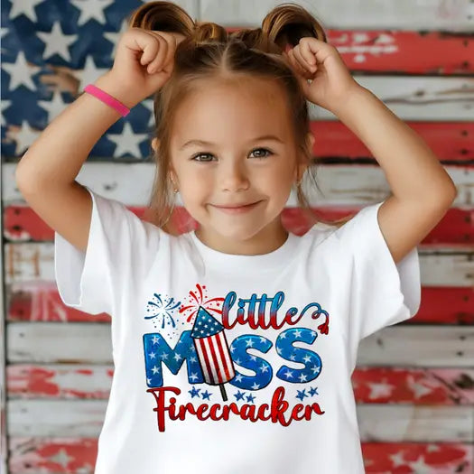 Little Miss Firecracker Kids 4th of July Summer Tee Shirt