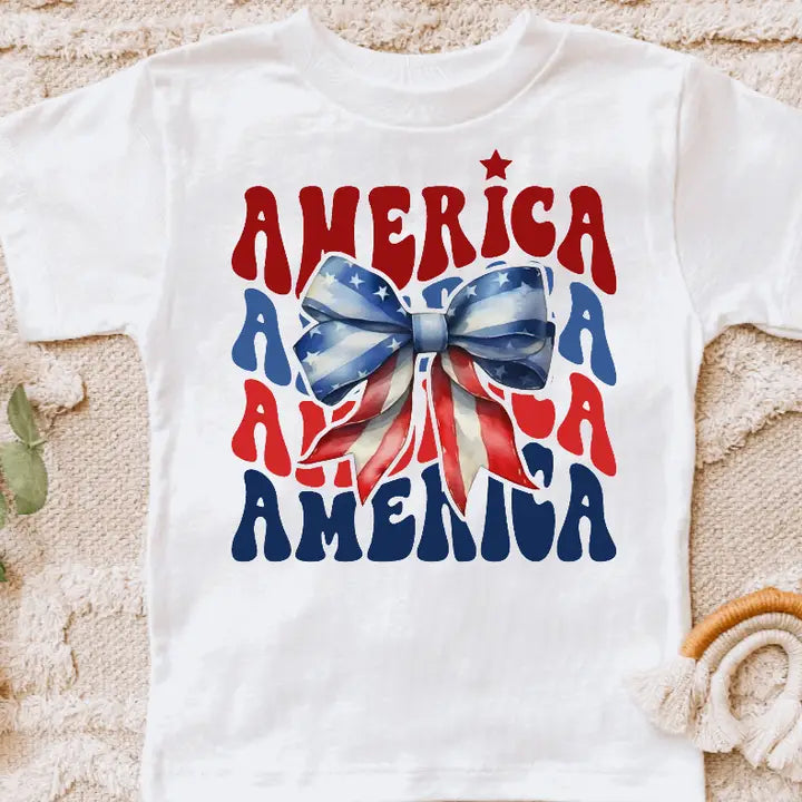America Coquette Bow 4th of July Girls Summer Tee Shirt