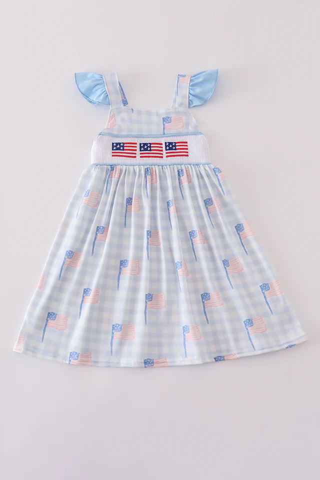 Blue flag embroidery smocked gingham dressl