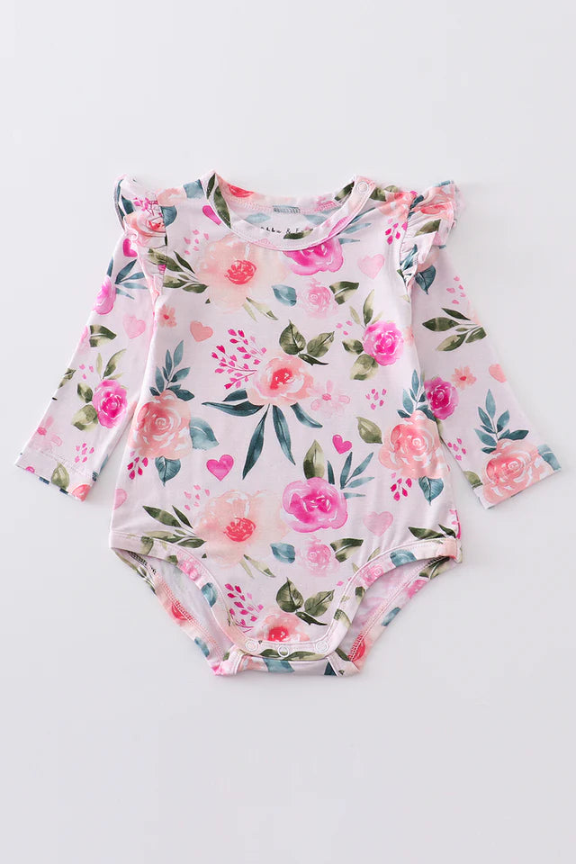 Pink floral print bamboo girl bubble romper