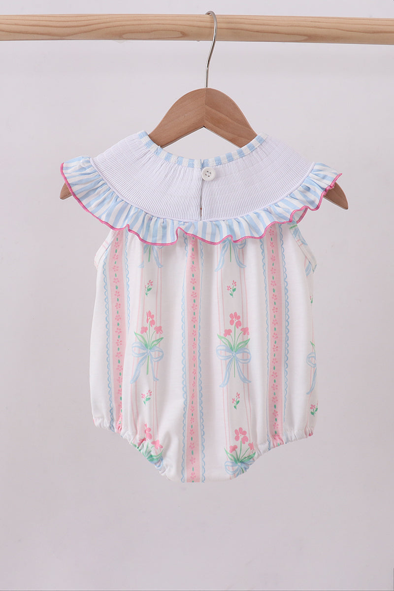 Blue floral I love MAMA smocked ruffle bubble