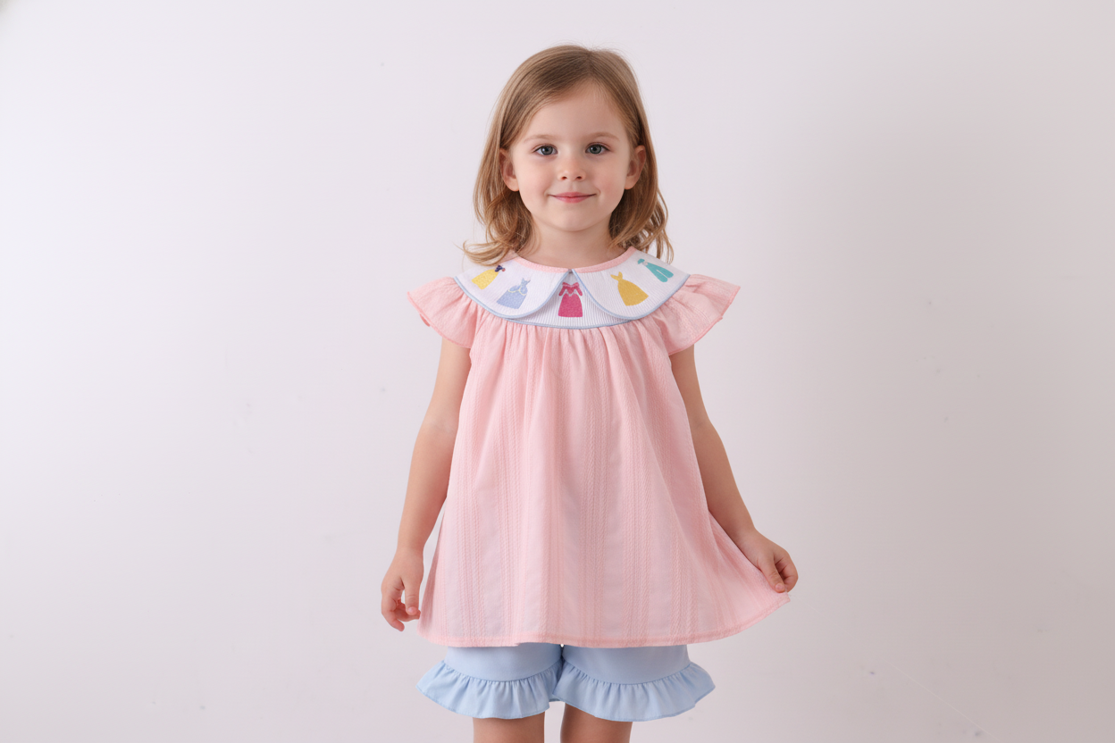 Pink princess smocked ruffle shorts set