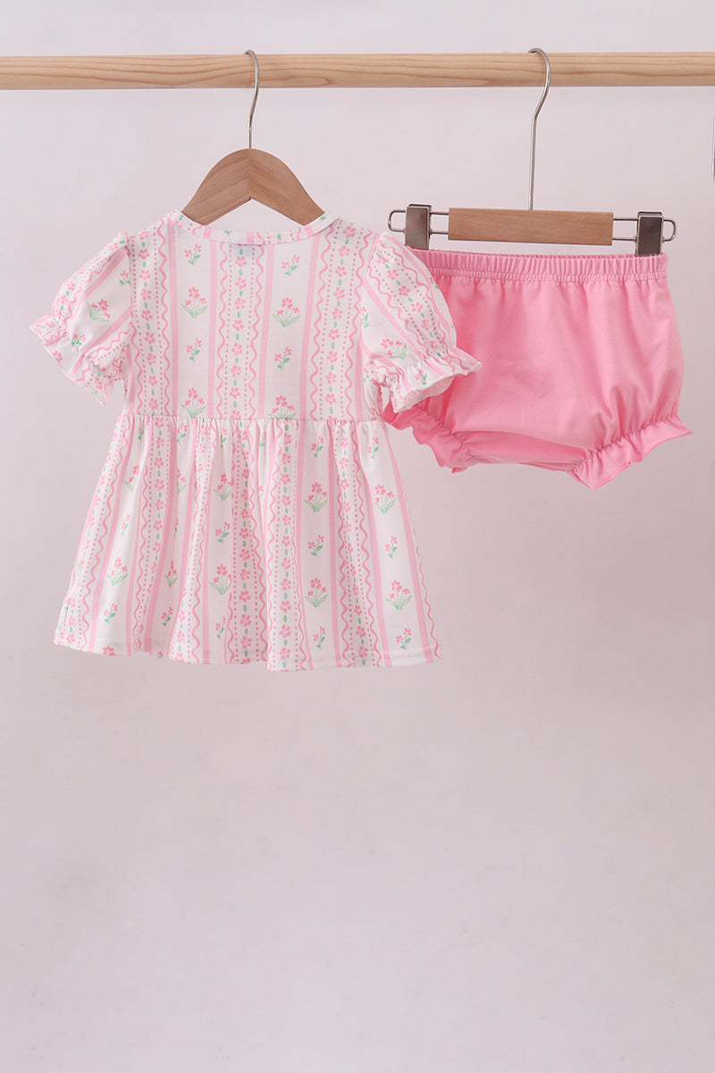 Pink floral bow smocked bloomer set