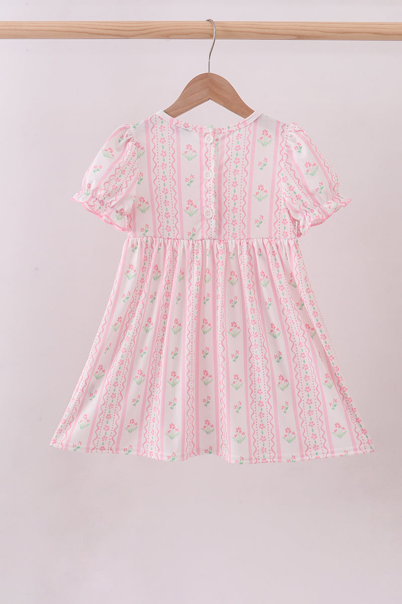 Pink floral bow smocked dress