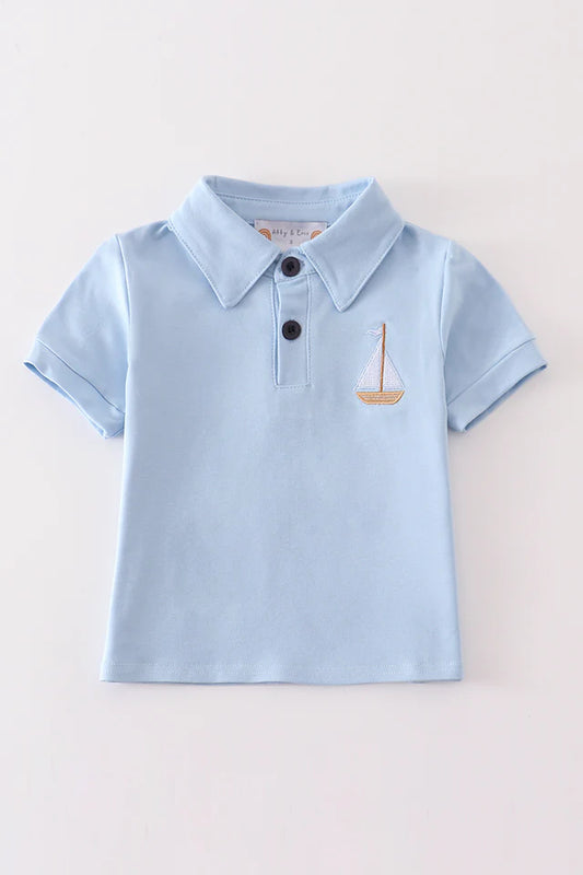 Blue sailboat embroidery boy shirt