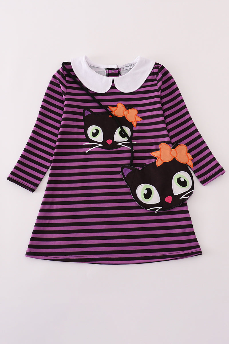 Purple halloween cat stripe dress with purse set