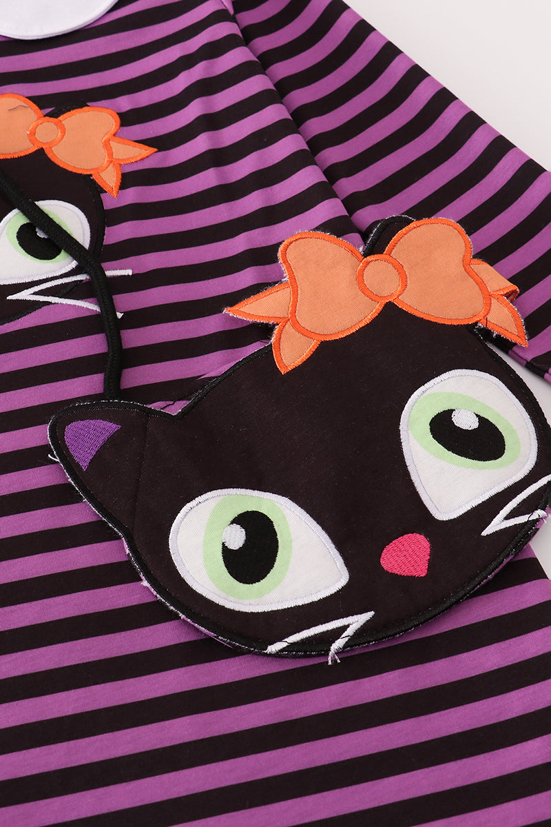 Purple halloween cat stripe dress with purse set