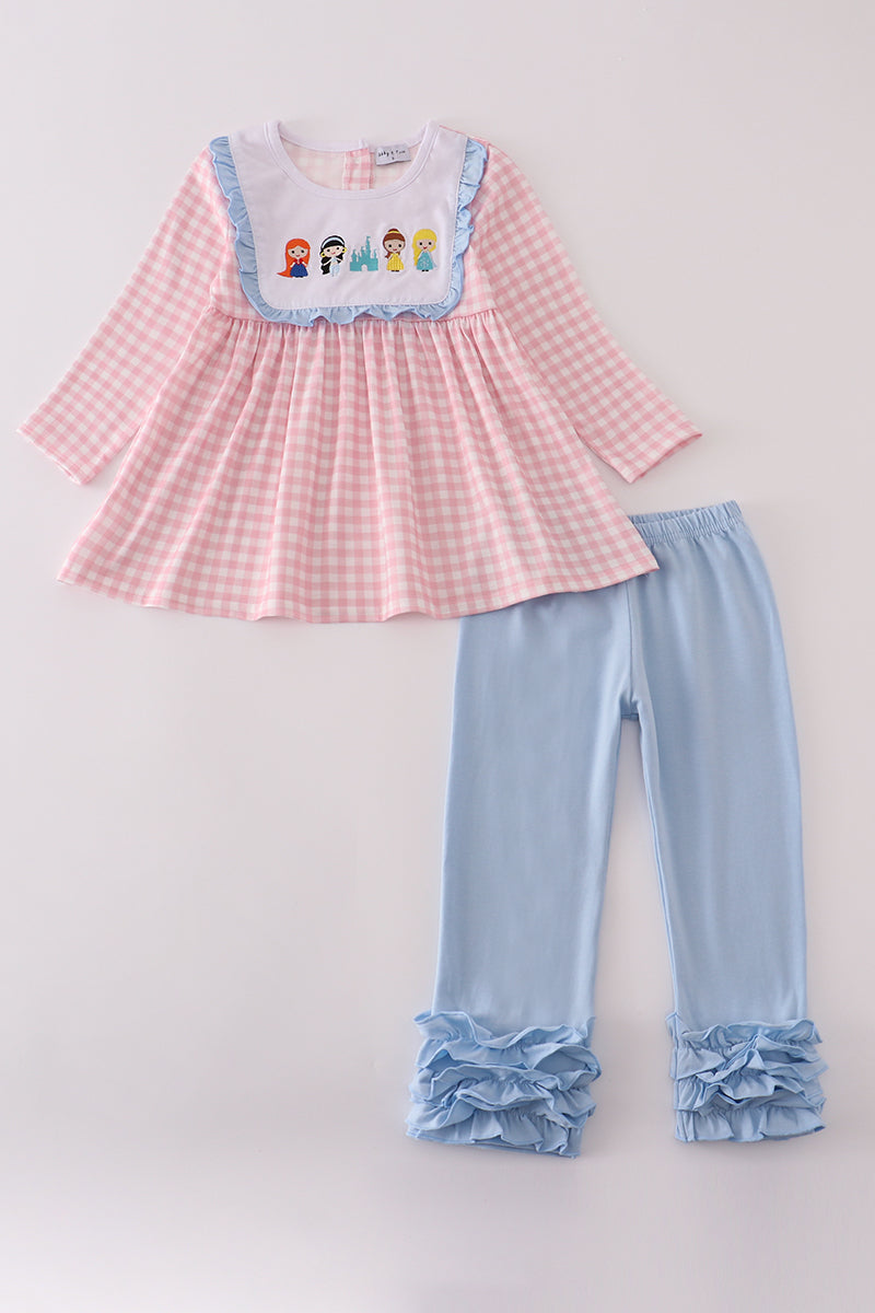 Pink princess castle embroidery gingham ruffle pants set