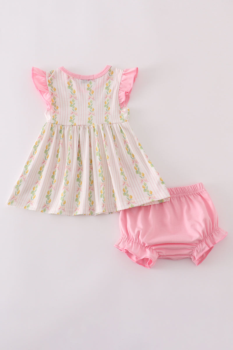 Pink lemon print bow ruffle bloomer set