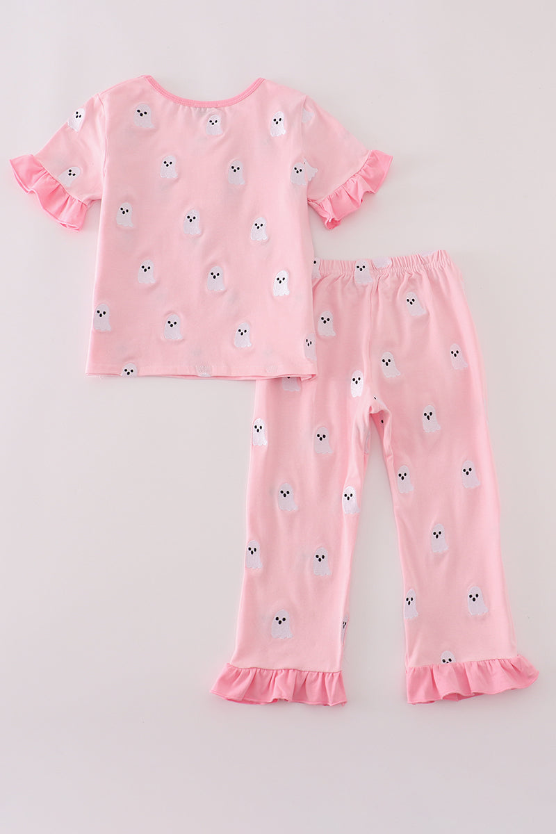 Pink ghost embroidery ruffle pajamas set