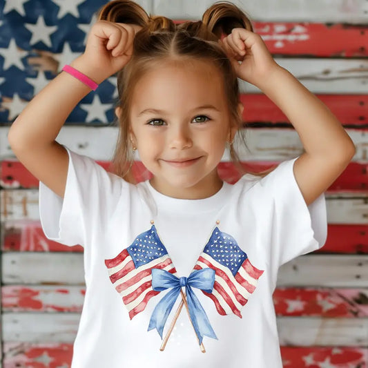 Flags and Coquette Bow Girls 4th of July USA Tee Shirt