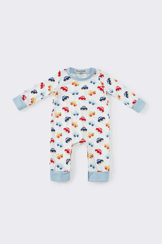 Blue car boy romper