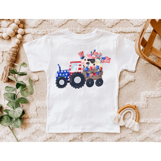 4th of July Tractor with Farm Animals Kids Tee Shirt