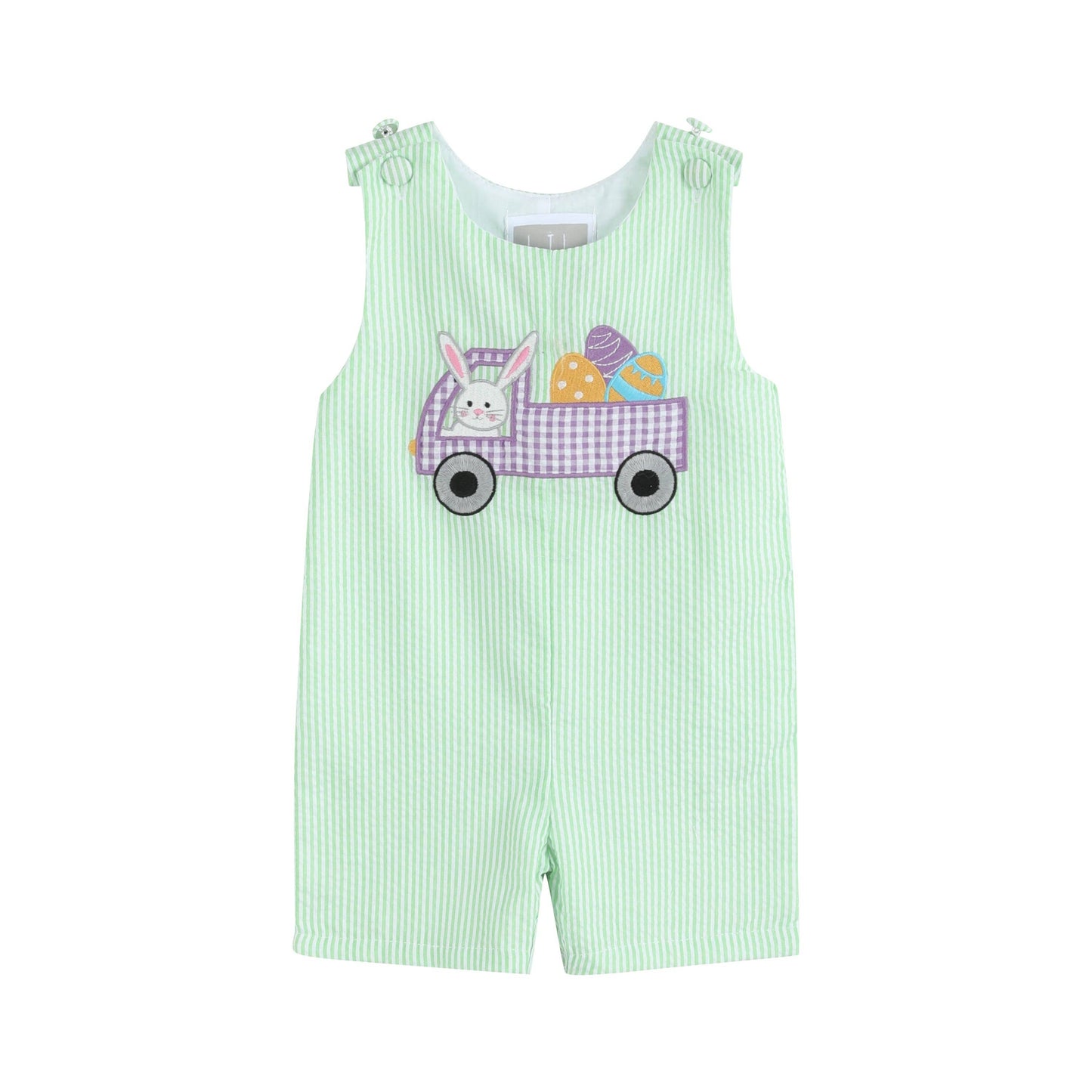 Green Seersucker Bunny Truck Shortalls