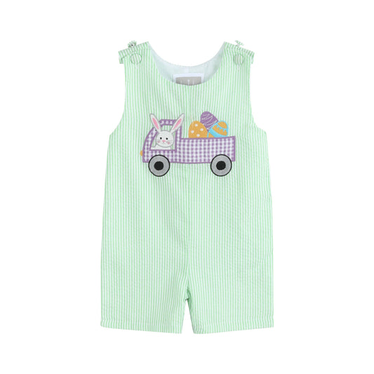 Green Seersucker Bunny Truck Shortalls