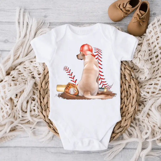 Baseball and Dog Summer Sports Baby Onesie, Golden Lab
