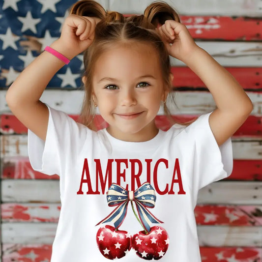 Cherries and Coquette Bow Girls 4th of July USA Tee Shirt