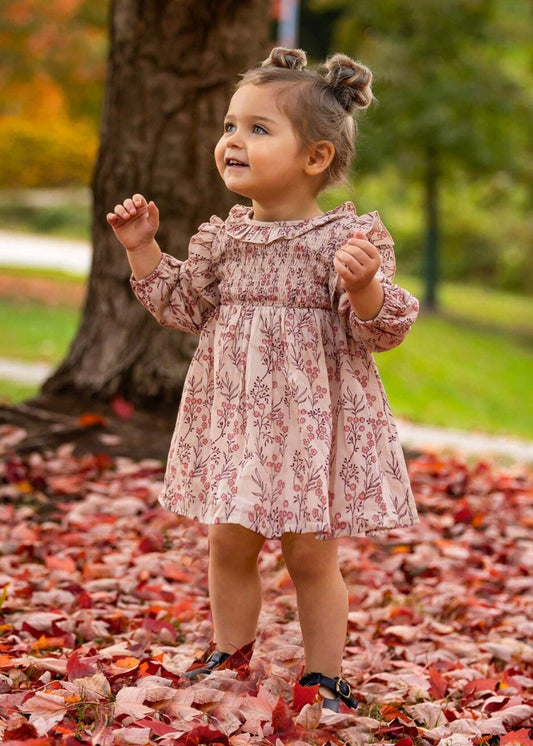 Autumn Floral Tan Long Sleeve Dress
