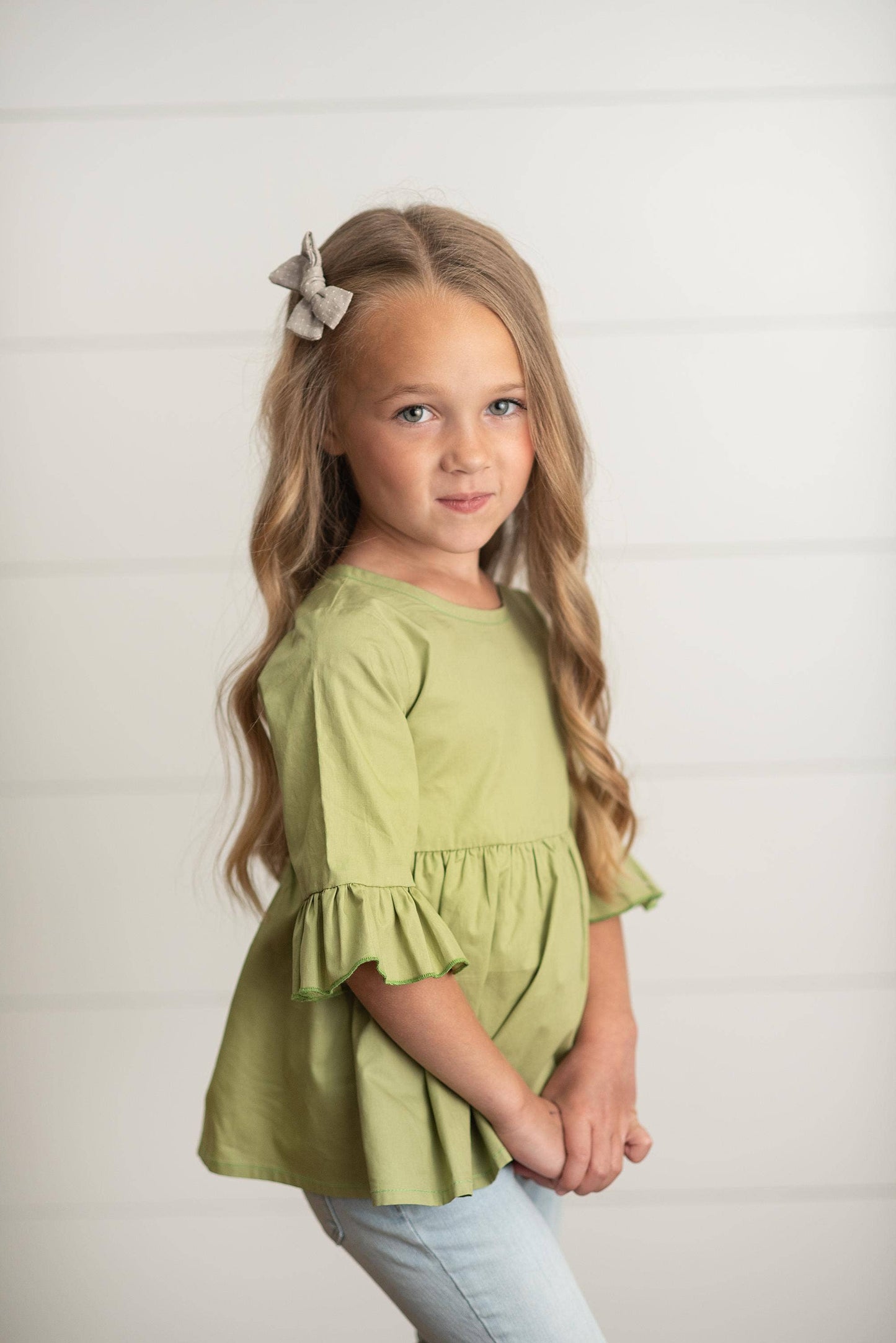 Kids Sage Ruffle Long Sleeve Fall Shirt With Buttons