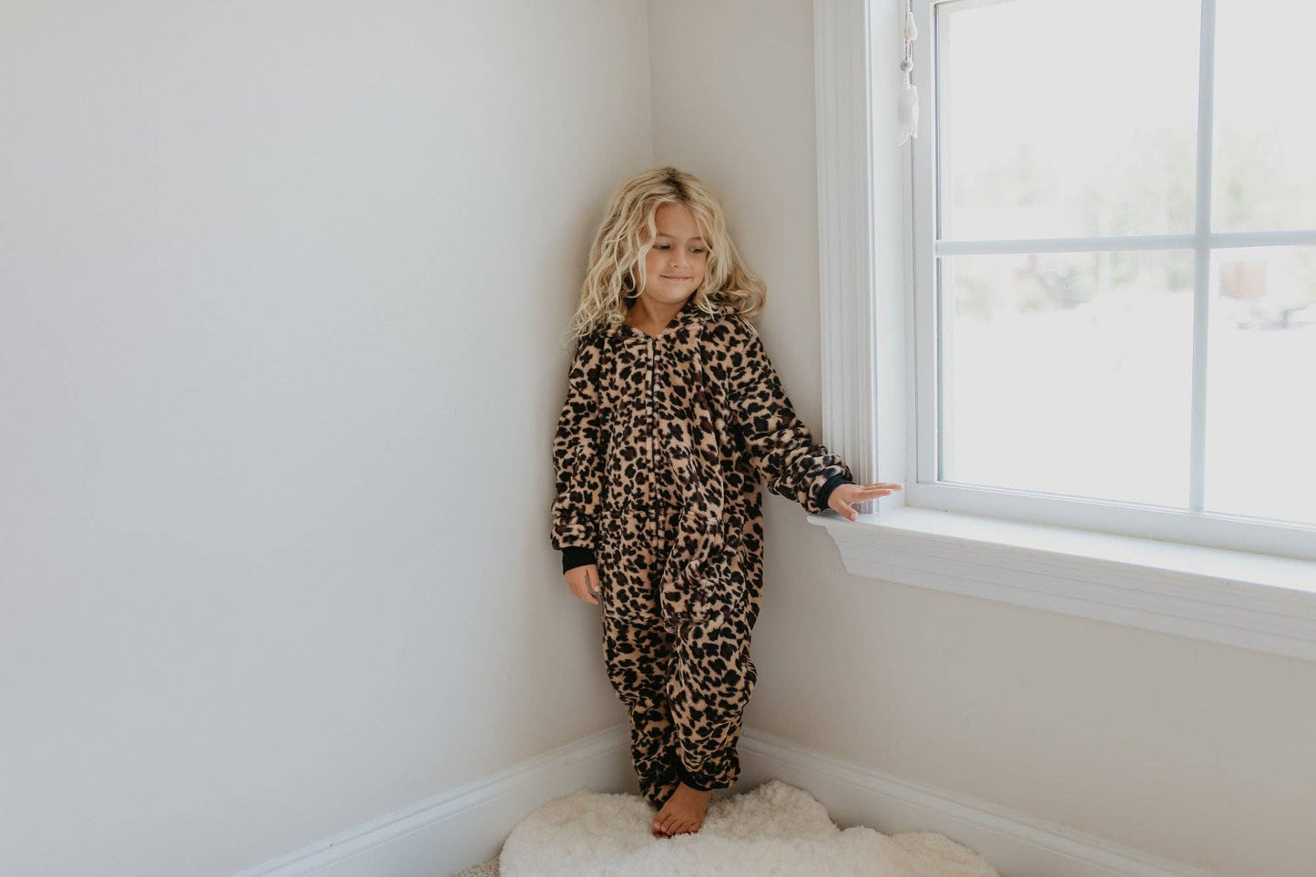 Winter Kids Fuzzy Fur Leopard Onesie with Critter Ears