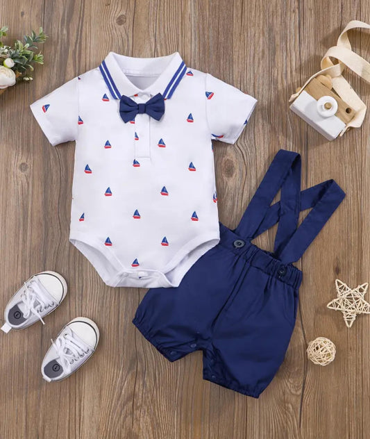2pcs Baby Boys Casual Short Sleeve Polo Shirt & Suspender Pants Set