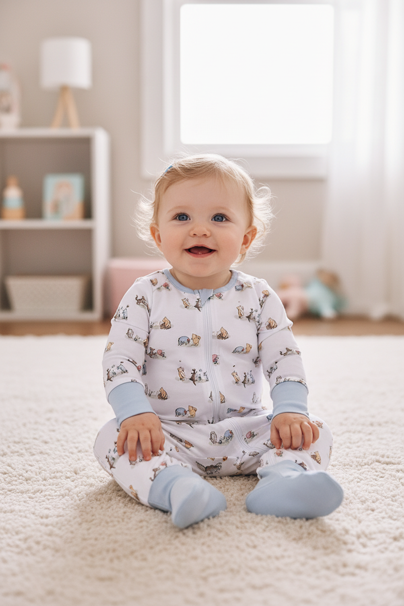 Premium blue character print bamboo romper