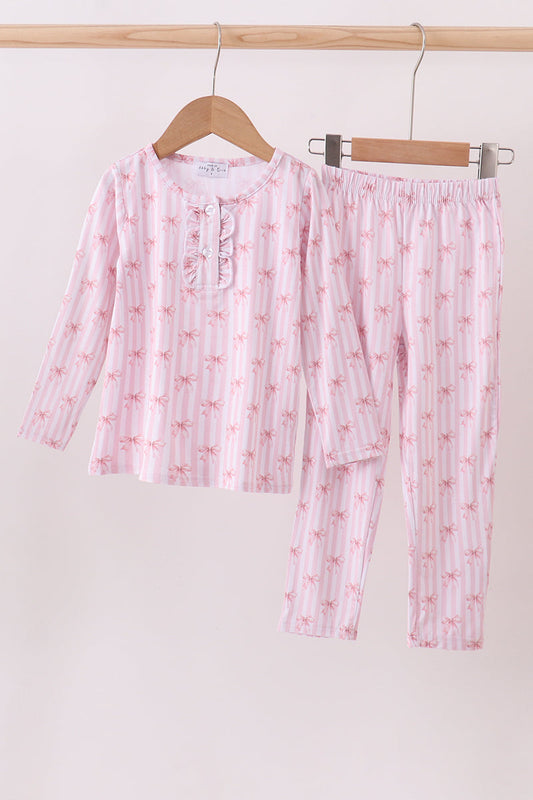 Premium blush bow stripe print bamboo pants set